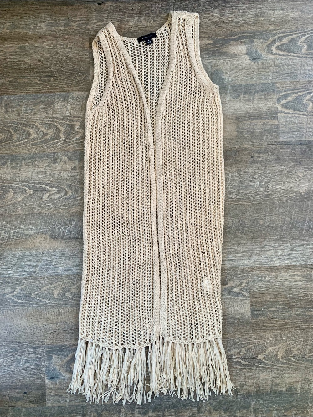 Atmosphere Creamey Beige Crochet Fringe Sleeveless Duster with Fringe